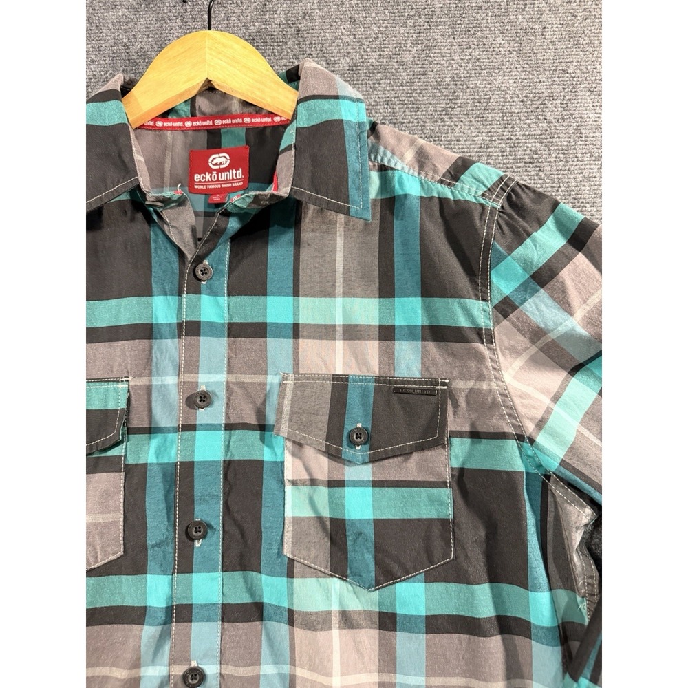 Ecko Unltd Shirt Mens XL Y2K hip hop streetwear plaid turquoise black